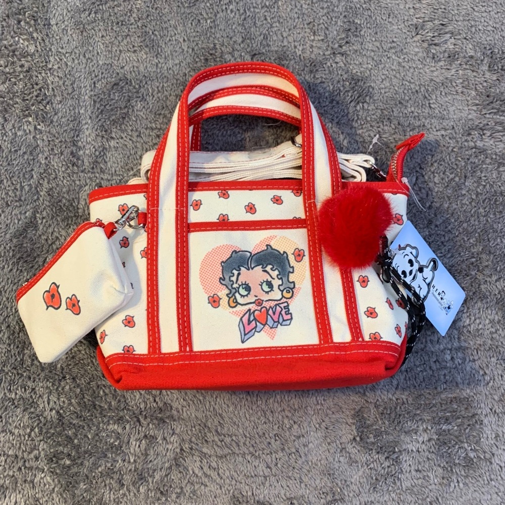 Betty Boop Canvas Mini Tote Bag Red White Love Hearts Crossbody + coin purse NWT